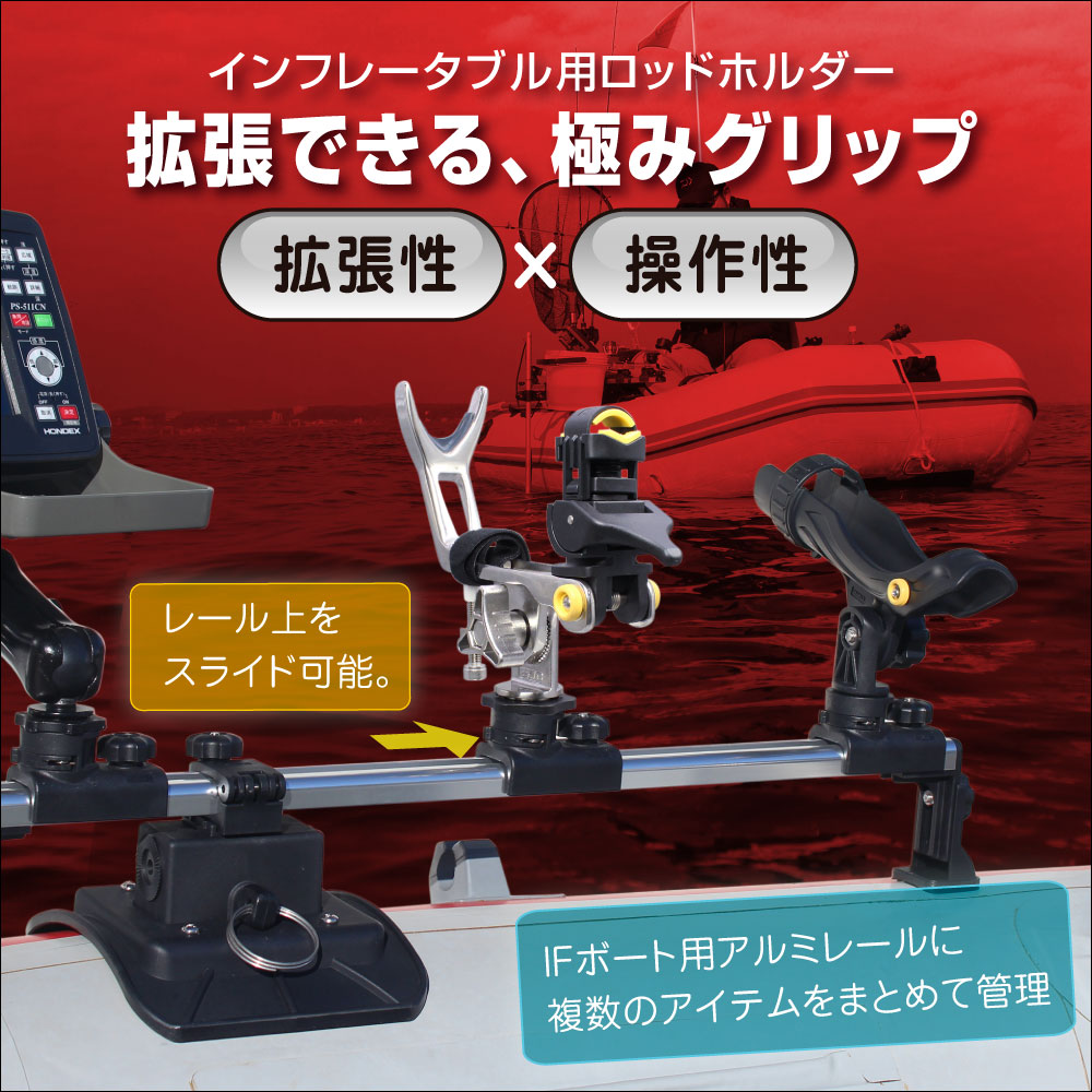 製品概要（インフレータブルボート用アルミレールに装着。複数のアイテムをまとめて管理）